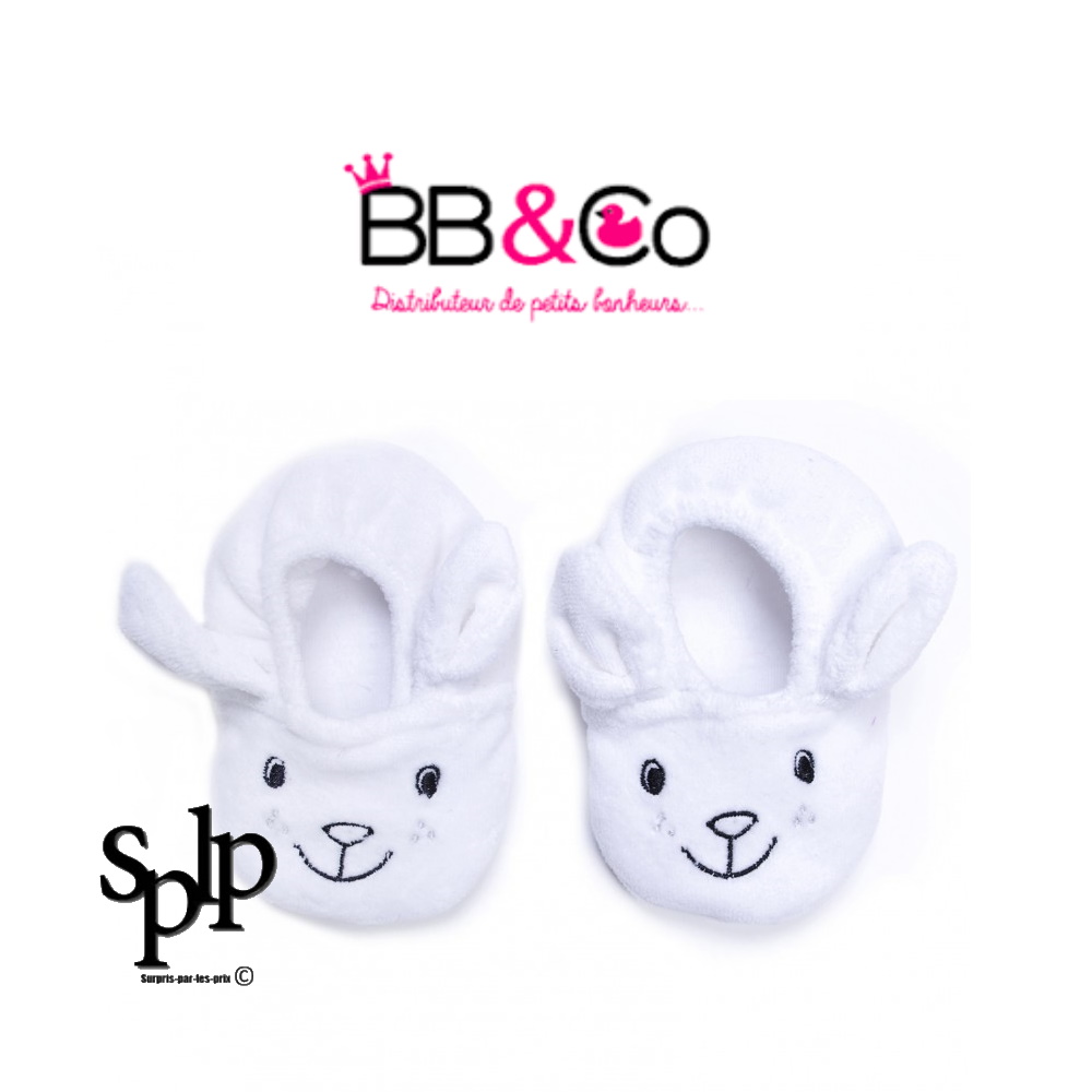 BB & CO Chaussons velours brodé Petit lapin blanc/noir 0-6 mois