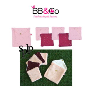 BB & CO 5 Lingettes 10×10 cm + pochette assortie Prune/ rose à pois or