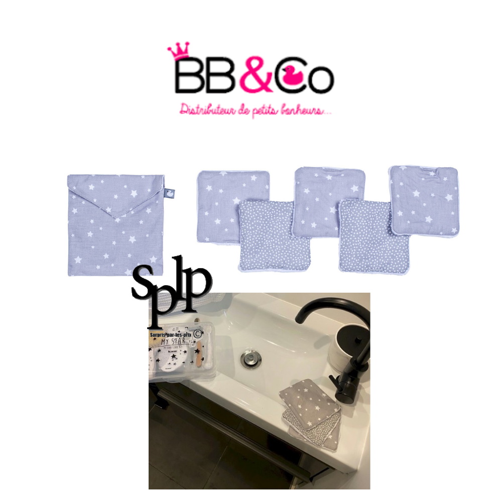 BB & CO 5 Lingettes 10x10 cm + pochette assortie étoile gris/blanc