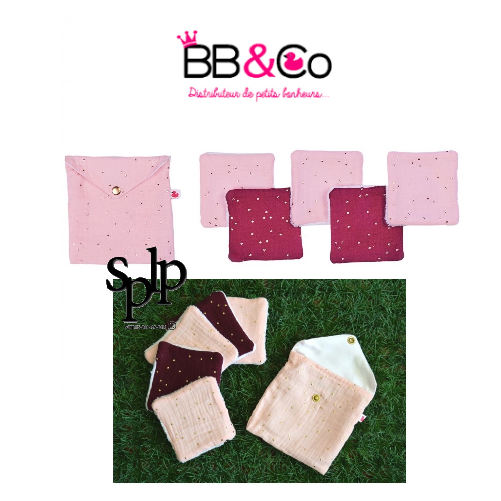 BB & CO 5 Lingettes 10x10 cm + pochette assortie Prune/ rose à pois or