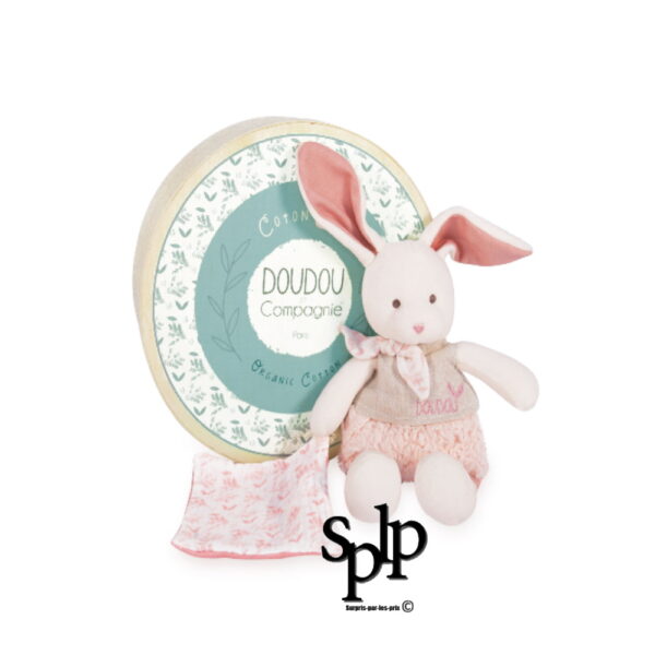 Doudou et Compagnie Lapin 22 cm avec doudou rose coton Bio